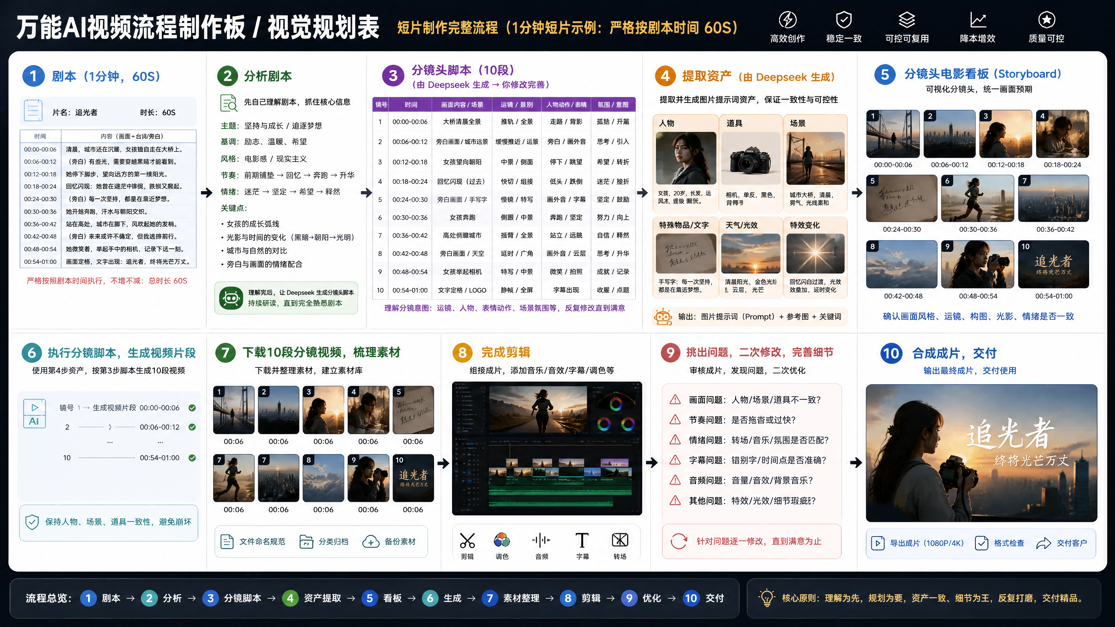 给我创建一个万能AI视频流程制作板 _ 视觉规划表，比例 16_9，展示短片制作的完整流程.png